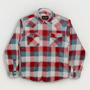 Howler Brothers Mens S Plaid Metal Snap Western Shirt Red Blue Cream